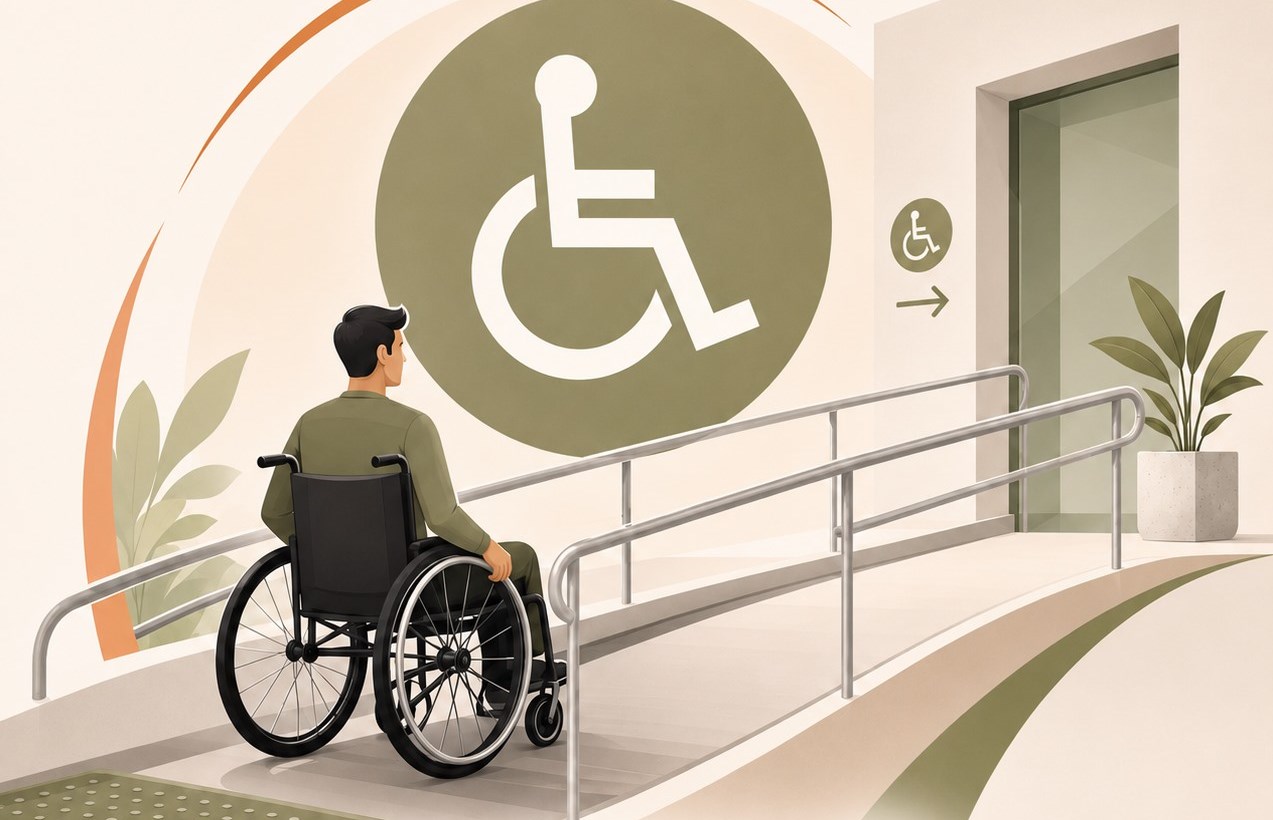 Ilustração de rampa de acessibilidade com símbolo de cadeira de rodas